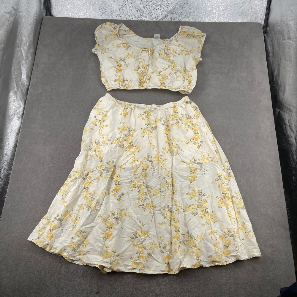 A New Day Yellow Floral 2 Piece Set Crop Top and Midi Skirt XL Womens White - Picture 2 of 11